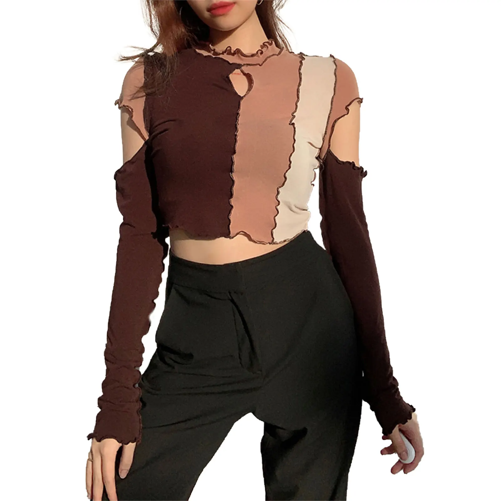 

Womenâ€™s Casual Long-sleeved T-shirt Fashion Color Contrast Stitching Exposed Navel Slim Fit Top