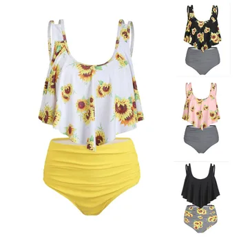 

2019 extra single big lotus leaf edge high waist belly slimming plus size color matching bikini split swimsuit female