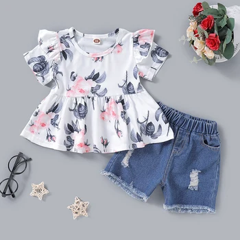 

Summer Kids Girl Clothes Sets Baby Girls Suit Tops Round Neck Big Flower Print + Denim Hole Tutu Skirt Clothes 2PCS Outfits