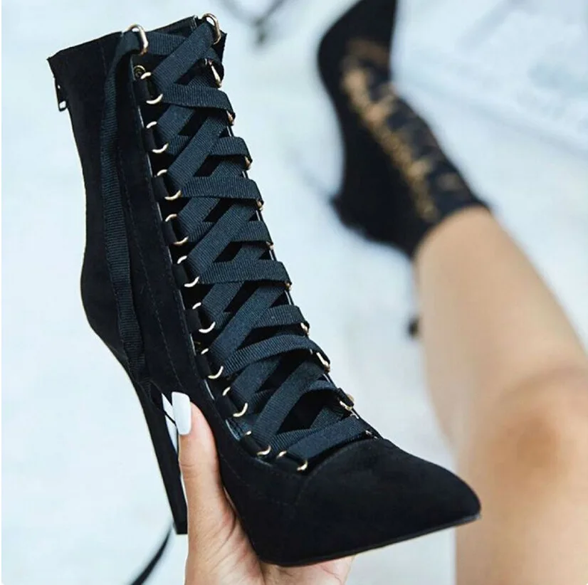 

Pointed Toe Women's Boots Green Plush Ankle Keep Warm Winter Boots For Women Autumn High Heel Metal Zipper Leather Boots Women