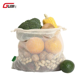 

3 Pcs Reusable Produce Storage Bag Cotton Mesh Drawstring Shopping Bags Breathable Fruit Vegetable Muslin Bags Hot Selling