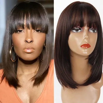 

Straight Short Synthetic fiber With Bangs Wig Straight Bob hairstyle 12inch Golden Brown Heat Resistant Cosplay Hair