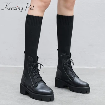 

krazing pot 2020 basic clothing cow leather stretch knitting thick med heels waterproof round toe keep warm thigh high boots l32