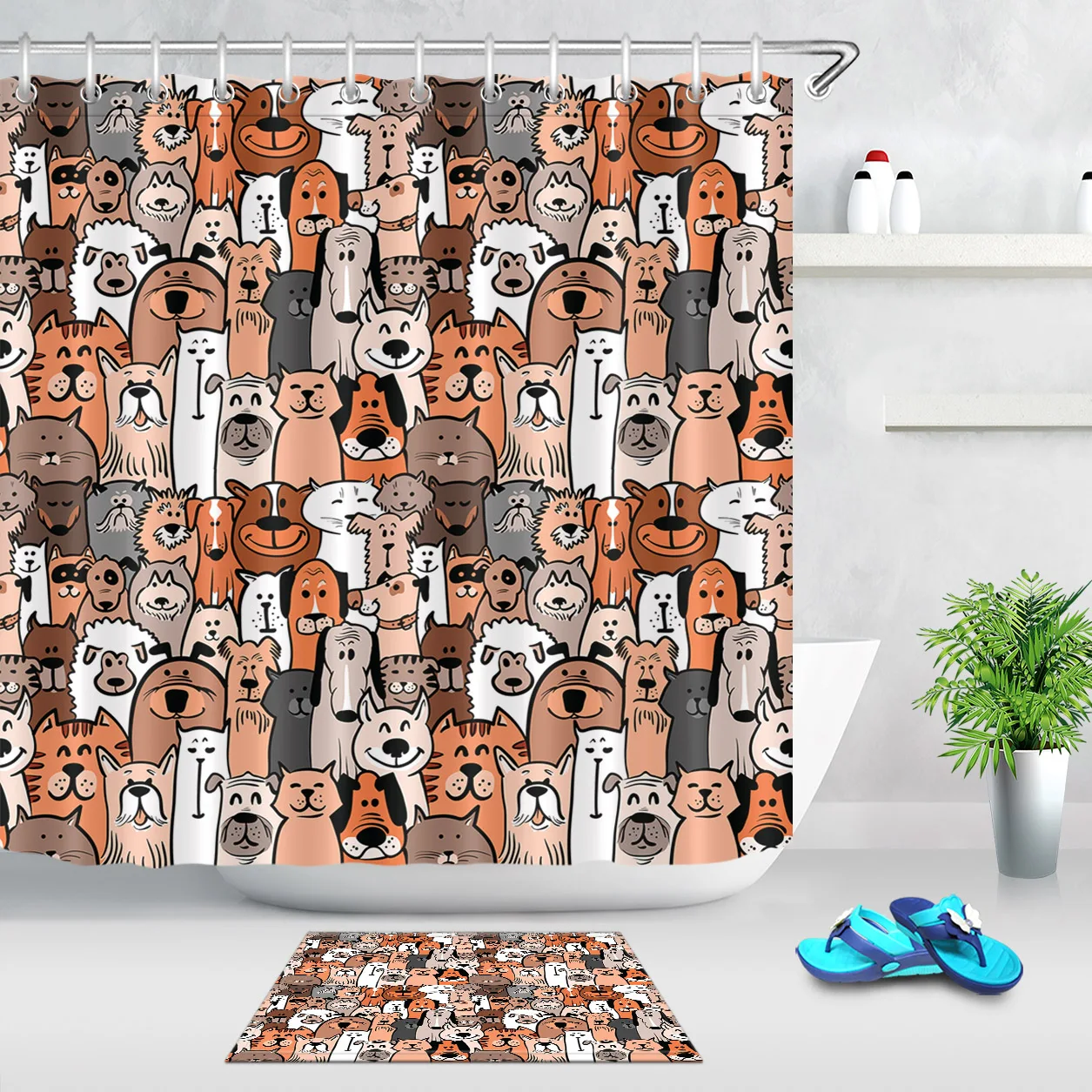 

72'' Cartoon Lovely Doodle Dog And Cats Pattern Shower Curtain With 12 Hooks Bathroom Mat Waterproof Fabric Polyester