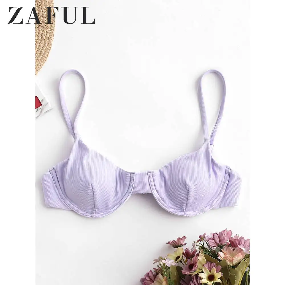 

ZAFUL Women Ribbed Back Knot Underwire Bikini Top 2020 Spaghetti Straps Push Up Bikini Top Removable Padded Bathing Suit Top