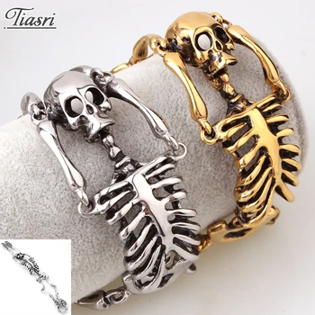 

Tiasri Elegant Punk Style Rock Silver Color Stainless Steel Skeleton Skull Bangle Bracelet Man Holiday Gift Hallowmas Waterproof