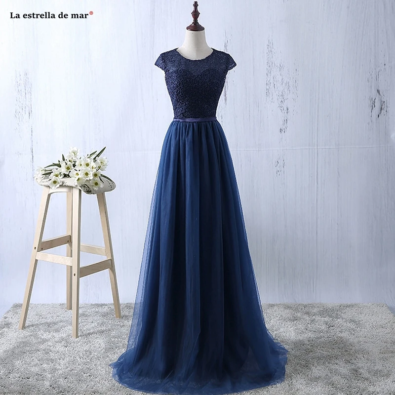 

Wedding guest Gowns new Scoop neck lace tulle cap sleeve A Line navy blue green red silver pink champagne bridesmaid dress long