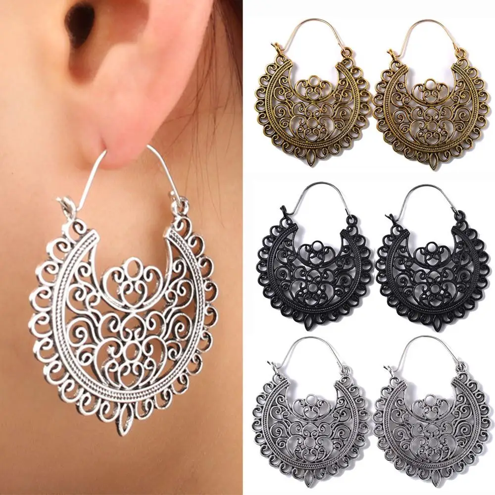 

Vintage Hollow Carving Flowers Dangle Drop Earrings For Women Ethnic Alloy Piercing Dangle Earrings Bohemian Trendy Jewelry