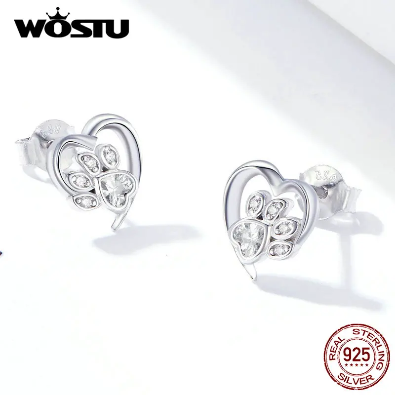 WOSTU 925 пробы, серебряные серьги-гвоздики в форме лапы собаки, сердца для женщин, стильные милые маленькие серьги с цирконием, ювелирные изделия, FIE654-WH