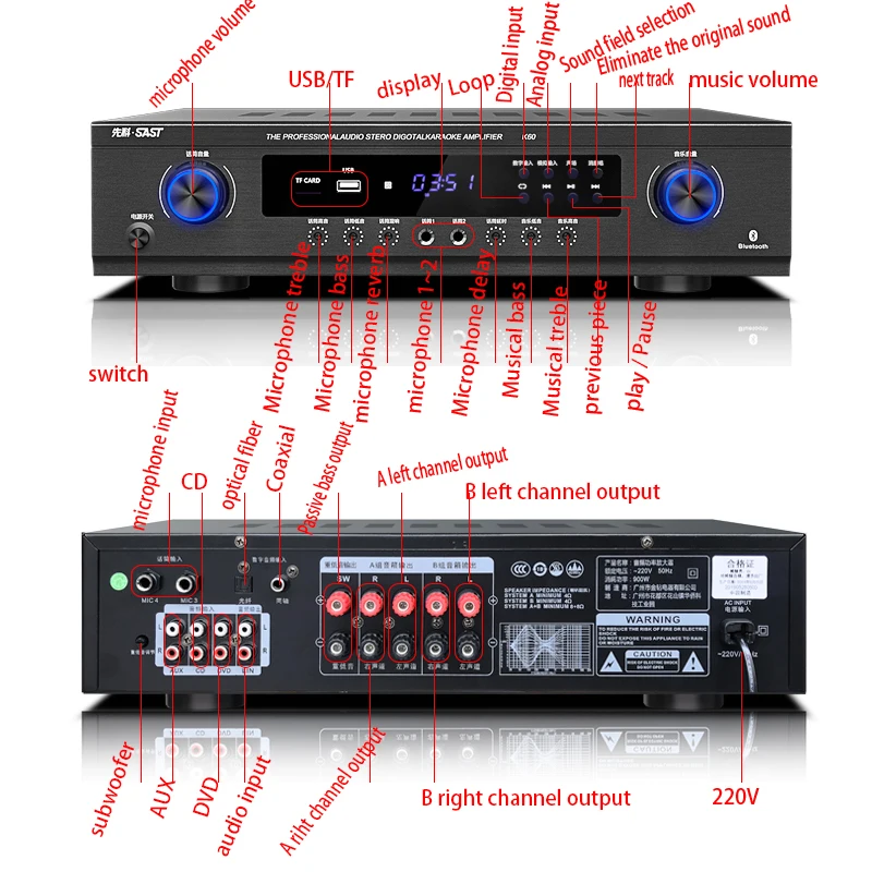 Мощный домашний KTV Stage Hifi Fever цифровой усилитель караоке OK с USB SD 900 Вт 220 В K60 2,1 канальный Bluetooth усилитель