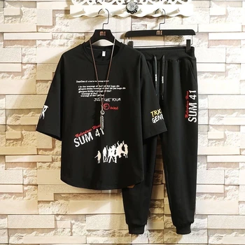 

2020 New Two-piece Suit Male Summer Short-sleeved Nine-point Pants Casual Sports Suit Junior High School Male For Student Loose