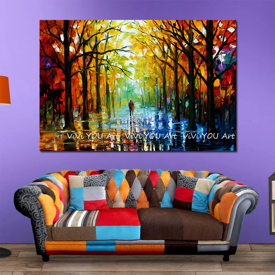 Colorful-Palette-Knife-Oil-Painting-Prints-on-Canvas-Raining-Street-Giclee-Print-Canvas-Painting-Wall-Art