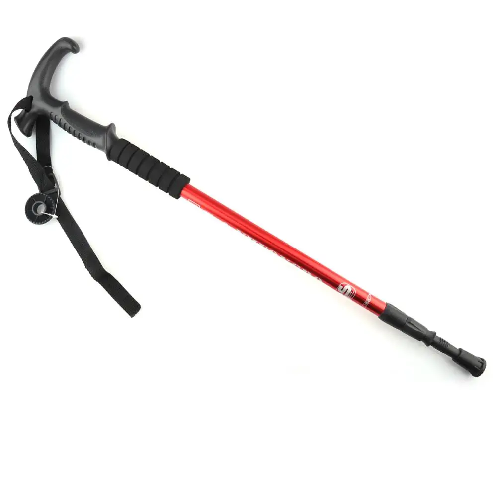 Red T handle Outdoor hiking stick travel shockproof self-defense ultralight retractable walking stick suitable for hiking, camping, climbing - Цвет: Red T handle