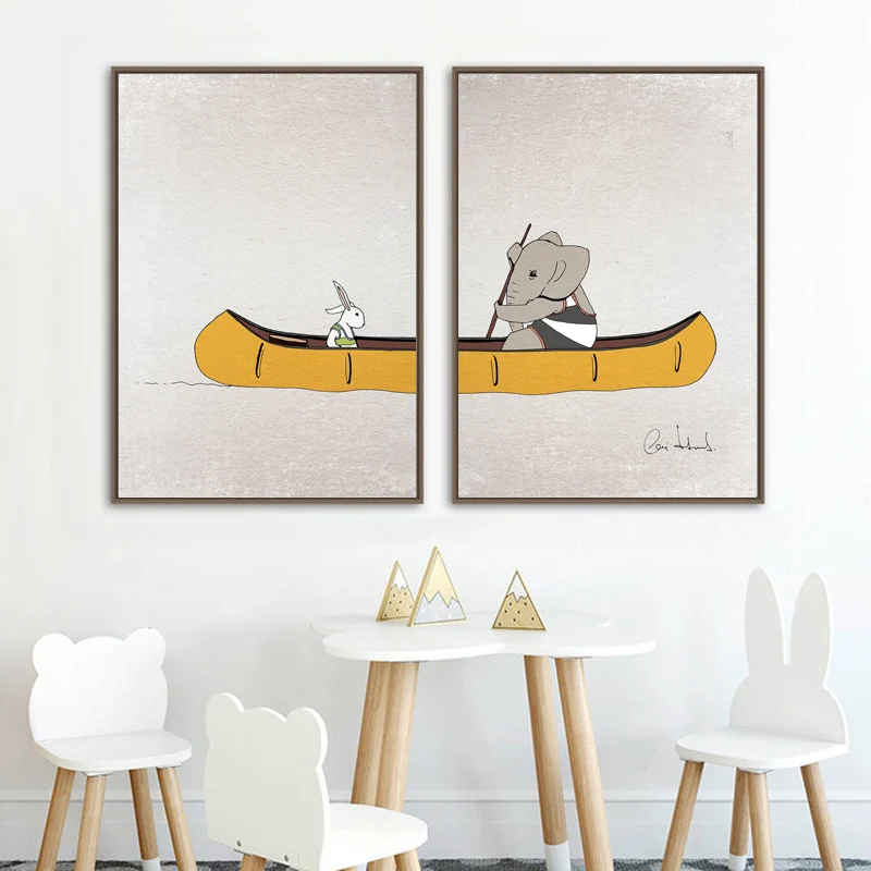 Слон лодка детская комната искусство детской стены Искусство кролик холст