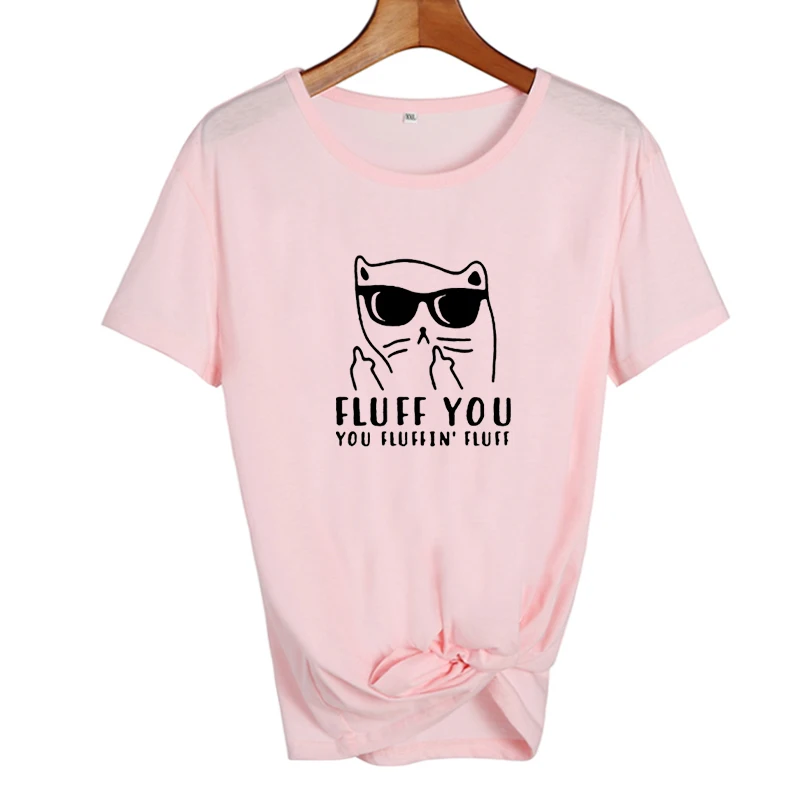 Милая женская футболка, забавная футболка с надписью «Fluffin You Fluffin», футболка с рисунком кота, хипстер, Harajuku, черно-белая футболка с графическим рисунком - Цвет: pink-black