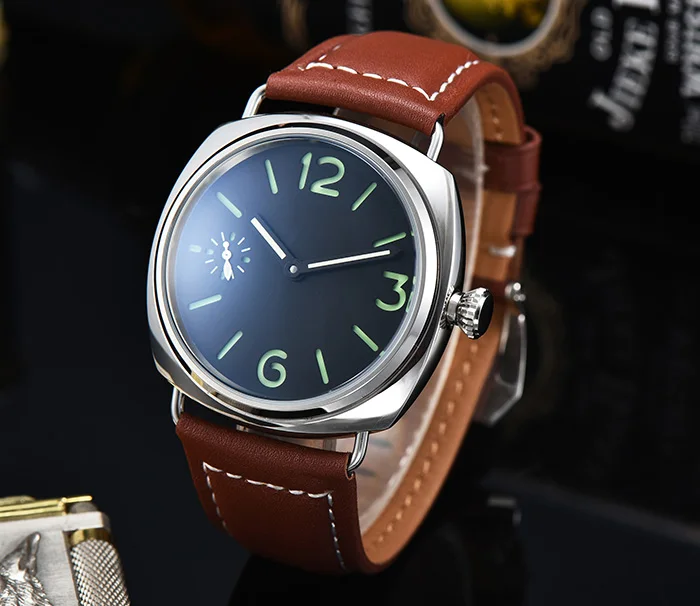 

45mm watch automatic movement stainless steel polished case men's high quality leather brown strap a1