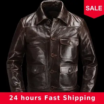 

2020 Dark Brown American Casual Style Men Leather Jacket Single Breasted Plus Size XXXL Genuine Cowhide Autumn Natural Coat