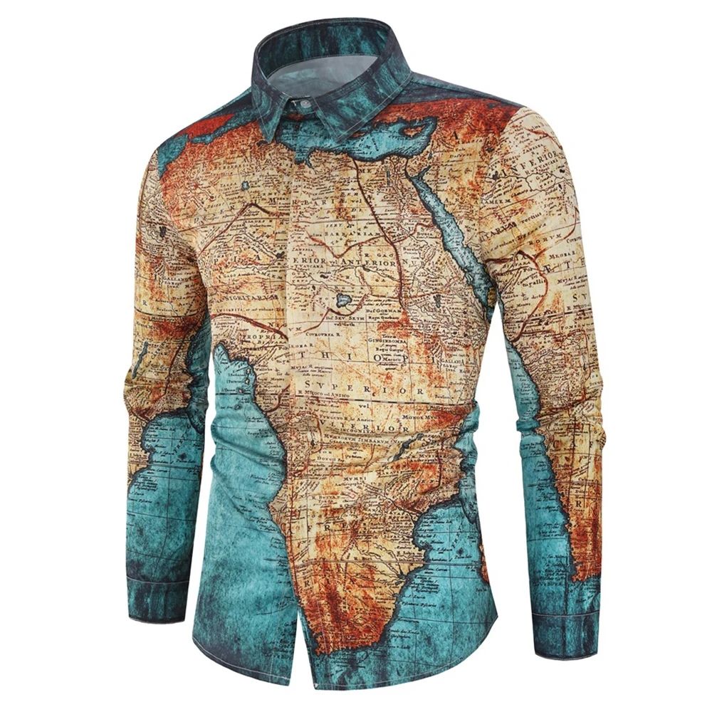 

Men Interesting Map Printing Shirt Long Sleeve Casual Male Turn Down Collar Shirts 3D Print Tops For Man Vintage Male Clothe D30