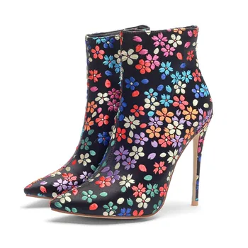 

Womens Pointed Toe Satin Silk Ankle Boots Stilettos High Heel Rainbow Flowers Colors Side Zip Shoes Plus Size 34-45