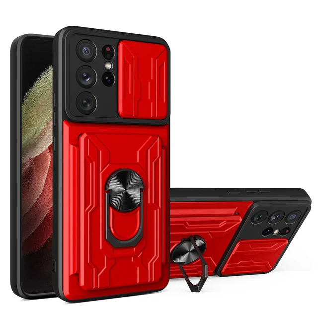 Slide Camera Lens Case For Samsung S22 Ultra S21 Ultra S21 FE S20 Plus Note 20 Ultra A72 A52 A53 A33 Detachable Card Holder Case Red