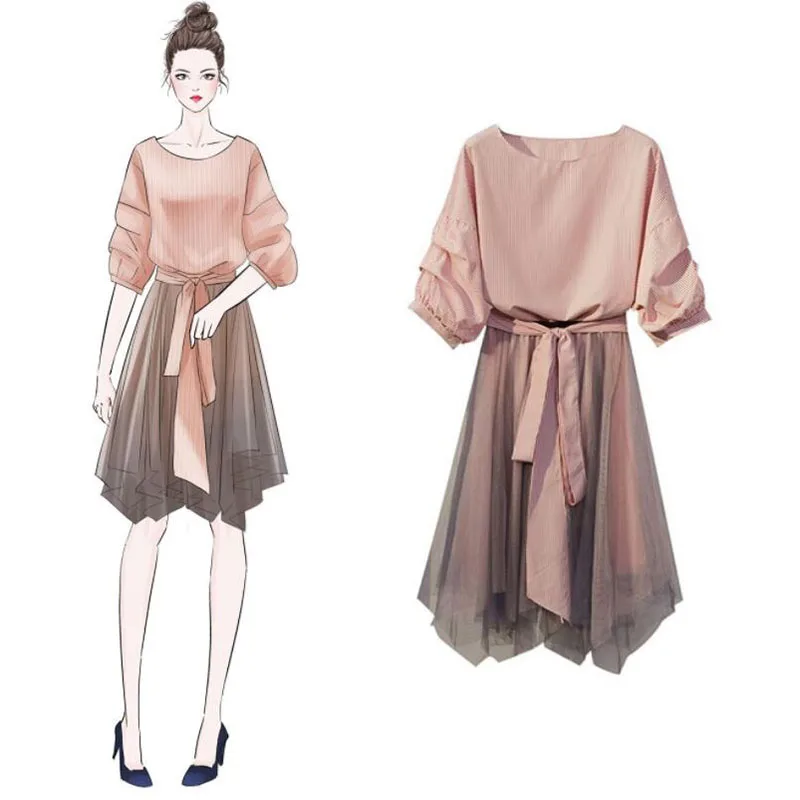 4XL Plus Size Women's Skirt Sets 2020 New Summer Casual Stripe Top &amp Chiffon Two Piece Set Lady Girl Elegant Suits |