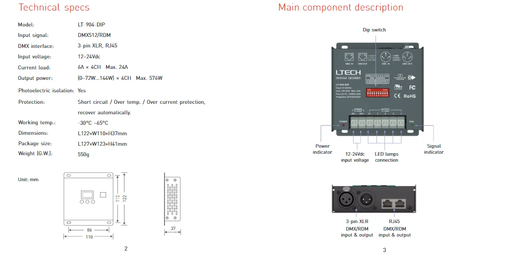 DMX-PWM декодер; DC12-24V вход; 6A* 4CH Макс 24A 576 Вт Выход XLR-3/RJ45 порт RGBW DMX512 декодер