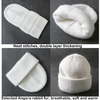 Winter Real Rabbit Fur Knitted Beanies For Women Fashion Solid Warm Cashmere Wool Skullies Beanies Female Three Fold Thick Hats 4