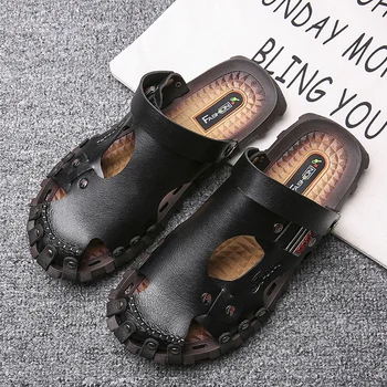 

New Summer Men Sandals Breathable Leather Men Beach Slippers Brand Men Casual Shoes Comfortable Slip-on Men's Shoes Size 38-47