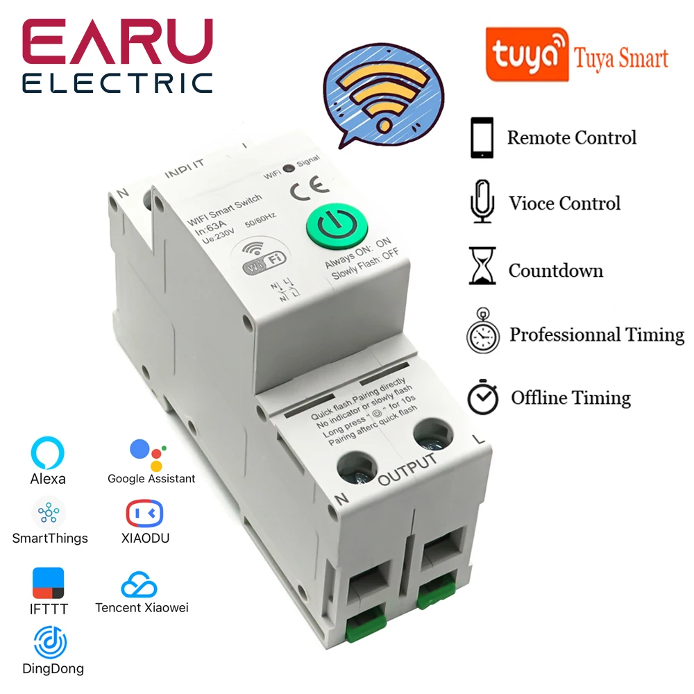 

2P 63A Din Rail WiFi Circuit Breaker Smart Timer Switch Relay Remote Control By Tuya APP With Smart Home Voice Alexa Google Home