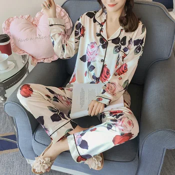 

Silk pajamas rose flower printing spring and autumn Korean style long-sleeved casual top lapel home service two-piece pajamas