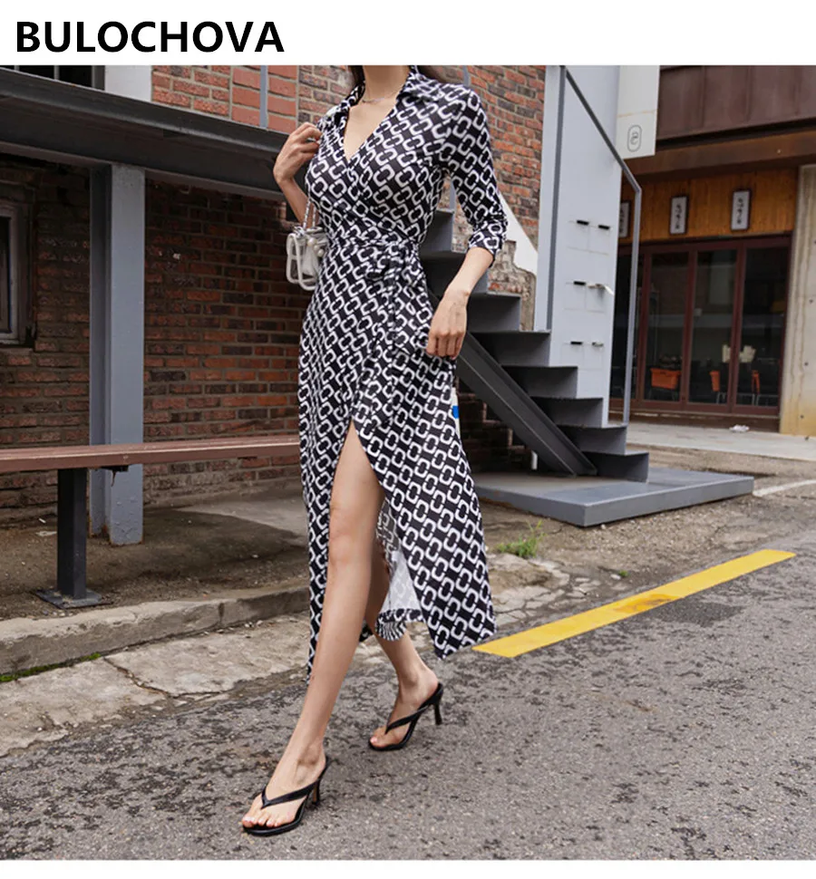 

Fashion Elegant Women Office Belt Long Dress 2019 Newest Design Korea Ladies Printed Deep V Neck Three Quarter Slim Split Dress