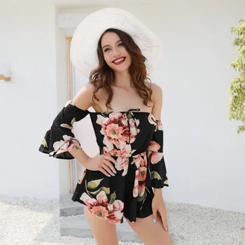 

Girl Off Shoulder Sexy Playsuits Women Big Flare Sleeve Red Jumpsuits Summer Beach Party Casual Lace Up Romper