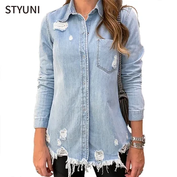 

Women turn-down collar hole denim shirt handmade hollow single breasted cotton long sleeve shirt шорты мужские camisas mujer