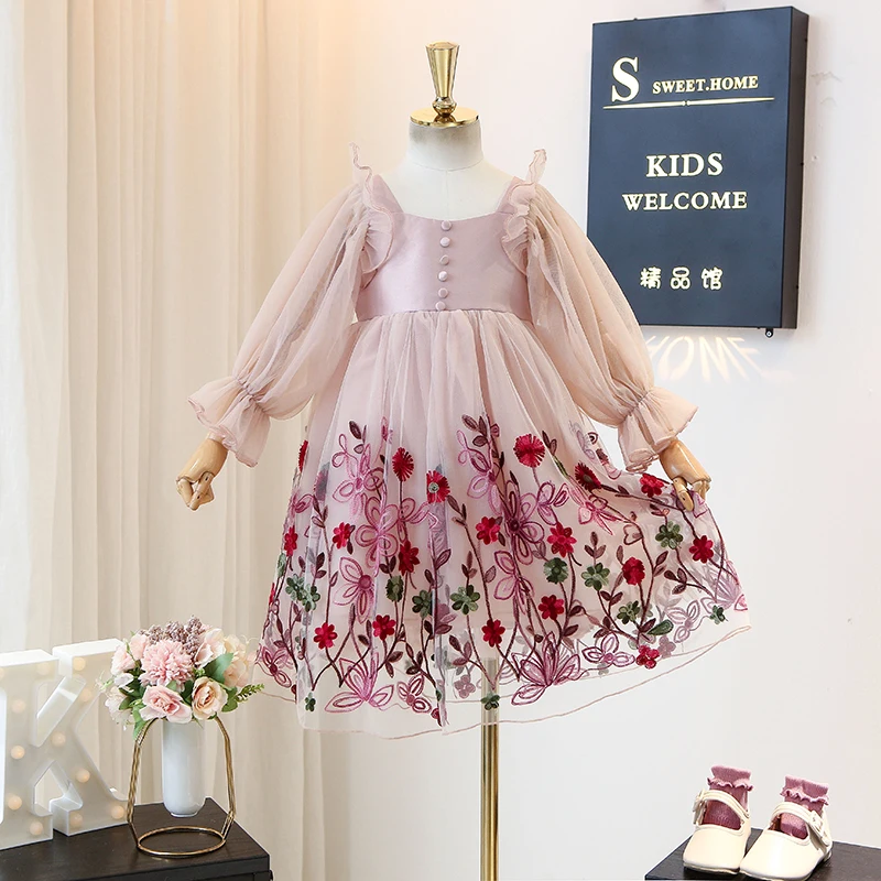 Spring Girls Princess Dress Long Sleeve Children Clothing Floral Sweet Family Party Wear Tulle Baby Girls Dress Vestidos 3-14Y