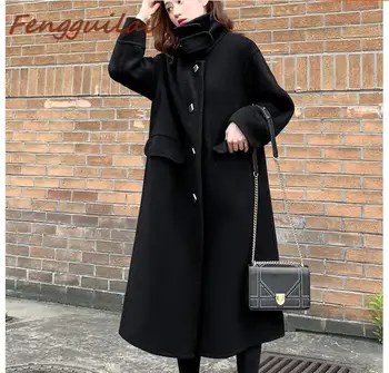 

New 2020 Spring Autumn Plus Size Wool Coat Women Loose A-aline Long Sleeved Lapel Medium Long Black Korean Coat Casacos