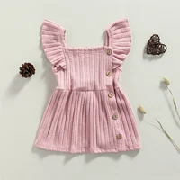 Baby Girls Casual Princess Knitted Dress, Solid Color Square Collar Fly Sleeve Thick Ribbed Gown, Pink/ Beige/ Khaki 0-24M 2