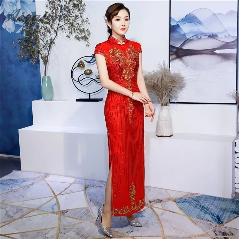 Красные Блестки Сексуальные Cheongsam современные элегантные китайские традиционные Вечерние Платья Восточный Стиль свадебное платье Мода Qipao Qi Pao