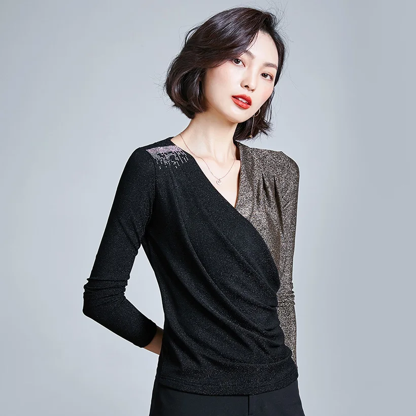 Blusas mujer de moda Осенняя Сетчатая футболка с длинным рукавом модная повседневная Лоскутная Женская футболка с v-образным вырезом Топы и рубашки blusas - Цвет: Черный
