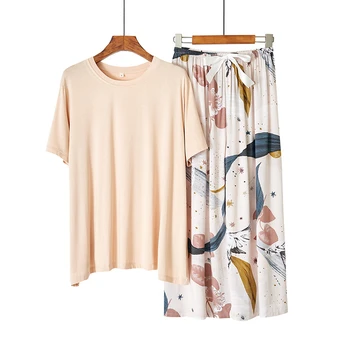 

New Modal Pajamas Set 2 Pieces Women Viscose Summer Autumn Sleepwear Simple Floral Printing Short sleeve Trousers