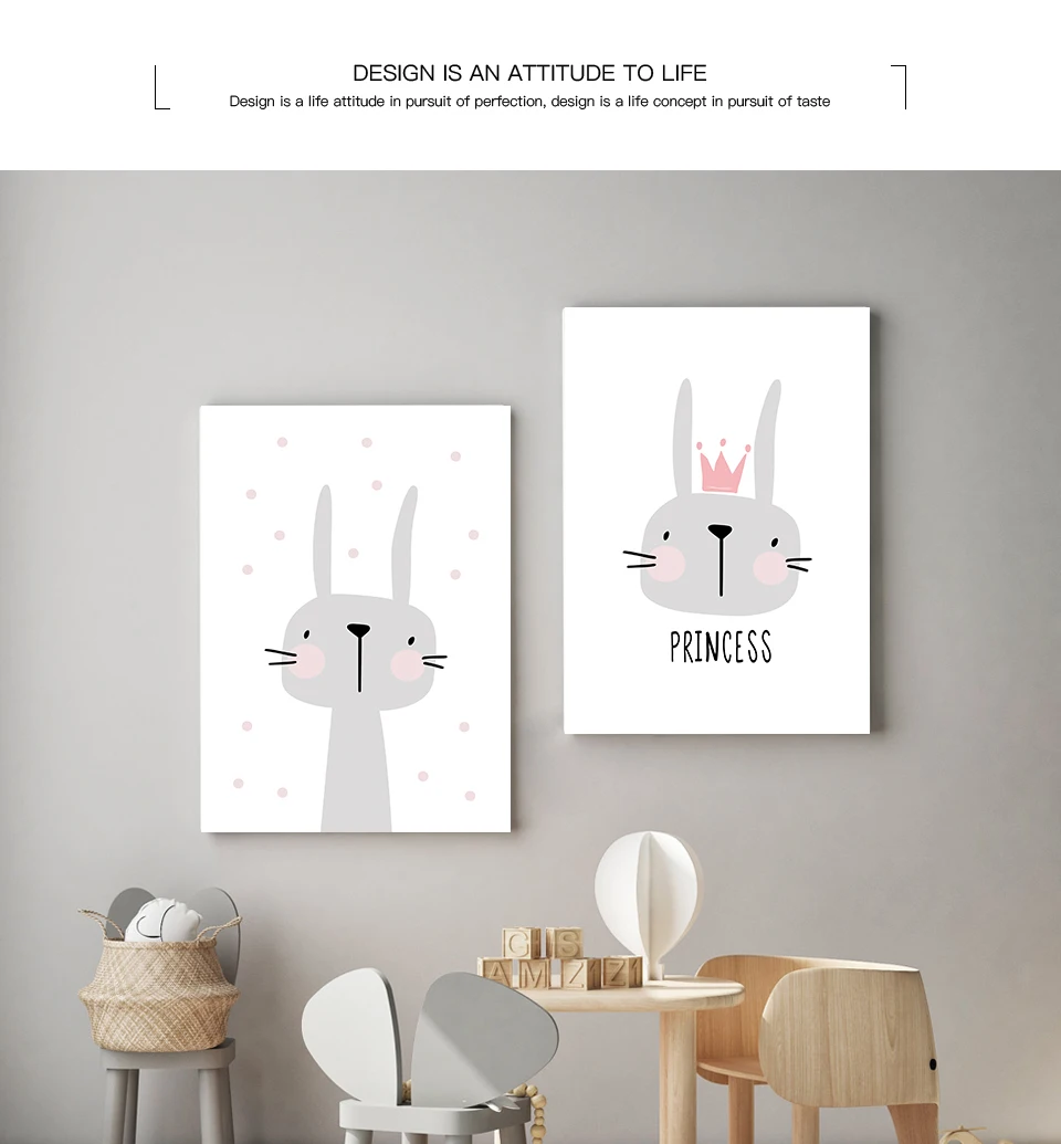 Pink Cartoon Nursery Girl Wall Picture Poster Print Rabbit Crown Baby Room Modern Canvas Painting Kids Children Wall Art Mural (5)