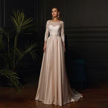 

Elegant Light Champagne Floor Length Wedding Dress With Long Sleeves Sweetheart Neck Button Back Satin Bridal Gown Vestidos 2021
