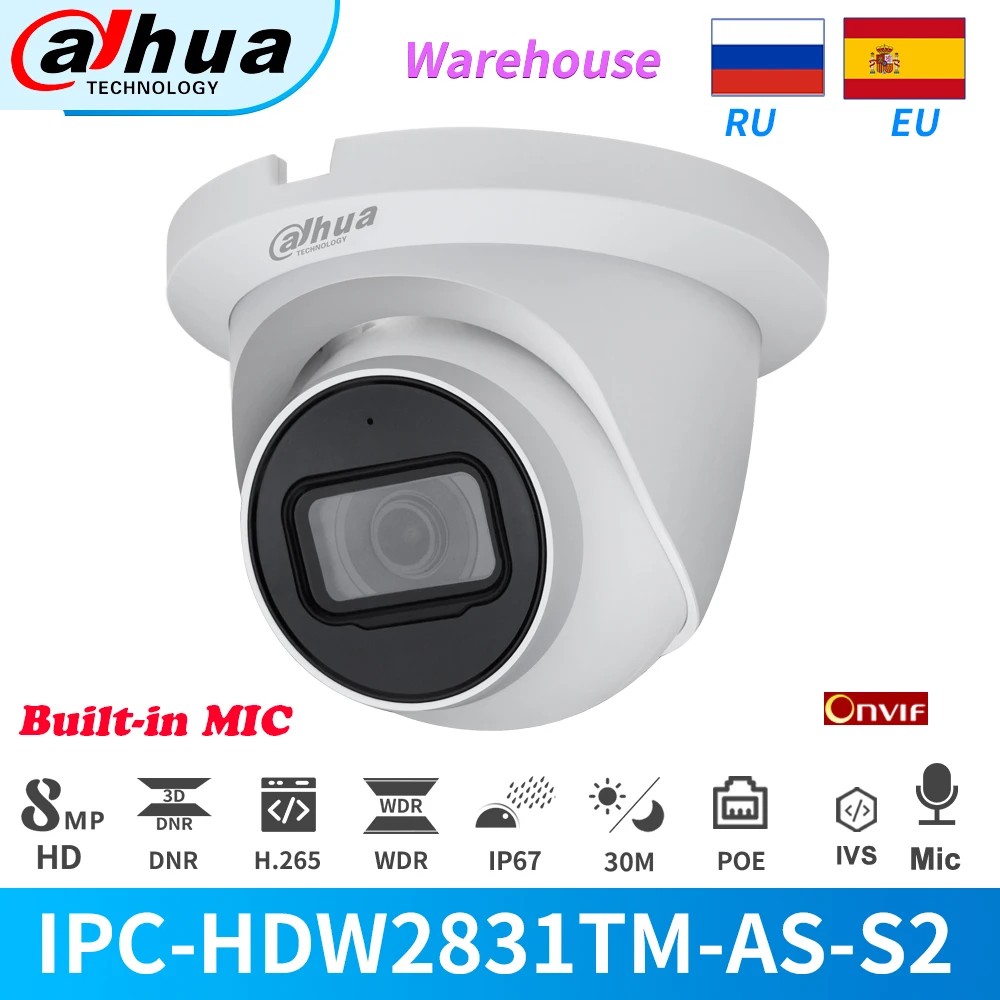 Dahua IP Camera 8MP 4K HD IPC-HDW2831TM-AS-S2 PoE IR 30M Built-in Mic Support SD Card H.265+ Onvif IP67 CCTV Security Upgradable