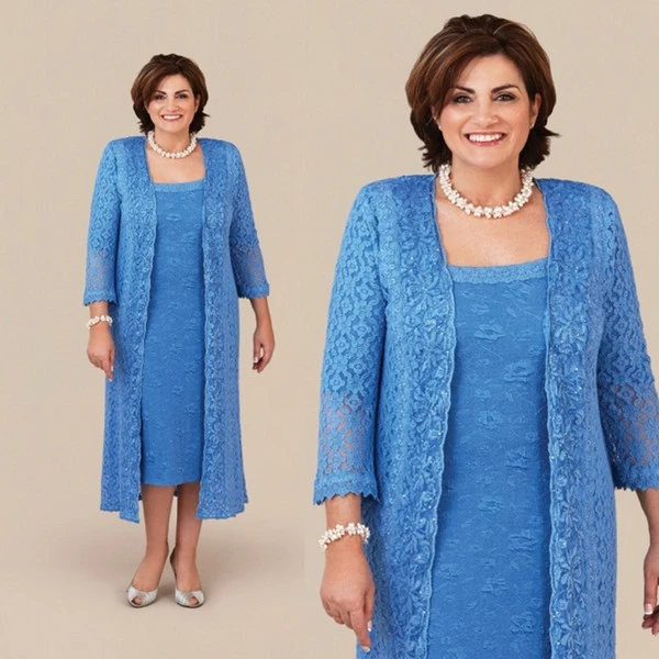 Abiti per la madre della sposa blu guaina lunghezza tè pizzo con giacca  Plus Size abito da festa di nozze abiti per la madre per il matrimonio -  AliExpress