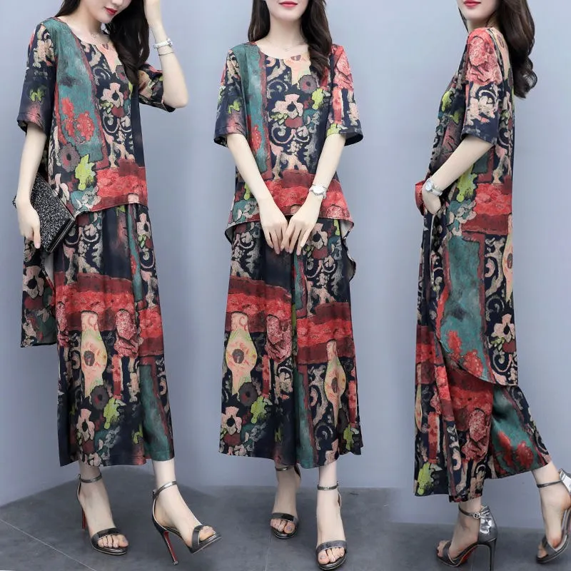 

Retro Imitation Viscose Printed WOMEN'S Suit Large Size Culottes 2019 Summer Loose Short Sleeve Middle-aged Women Dress-Style Tw