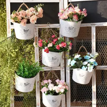 

1Pc Shabby Chic Iron Flower Bucket Flower Stand Holder Wall Ornament Plant Display Rack for Home Office Balcony Floral Decor