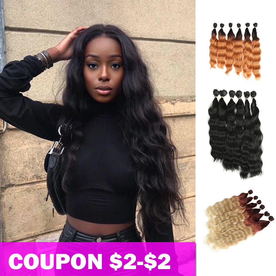 Feixes com Fecho de Extensões de Cabelo Pacotes com 1 Bella Sintético Ombre Loira Vermelho 7 Unidades – Pacote 6 Fechamento Cabelo Onda Profunda Tecelagem