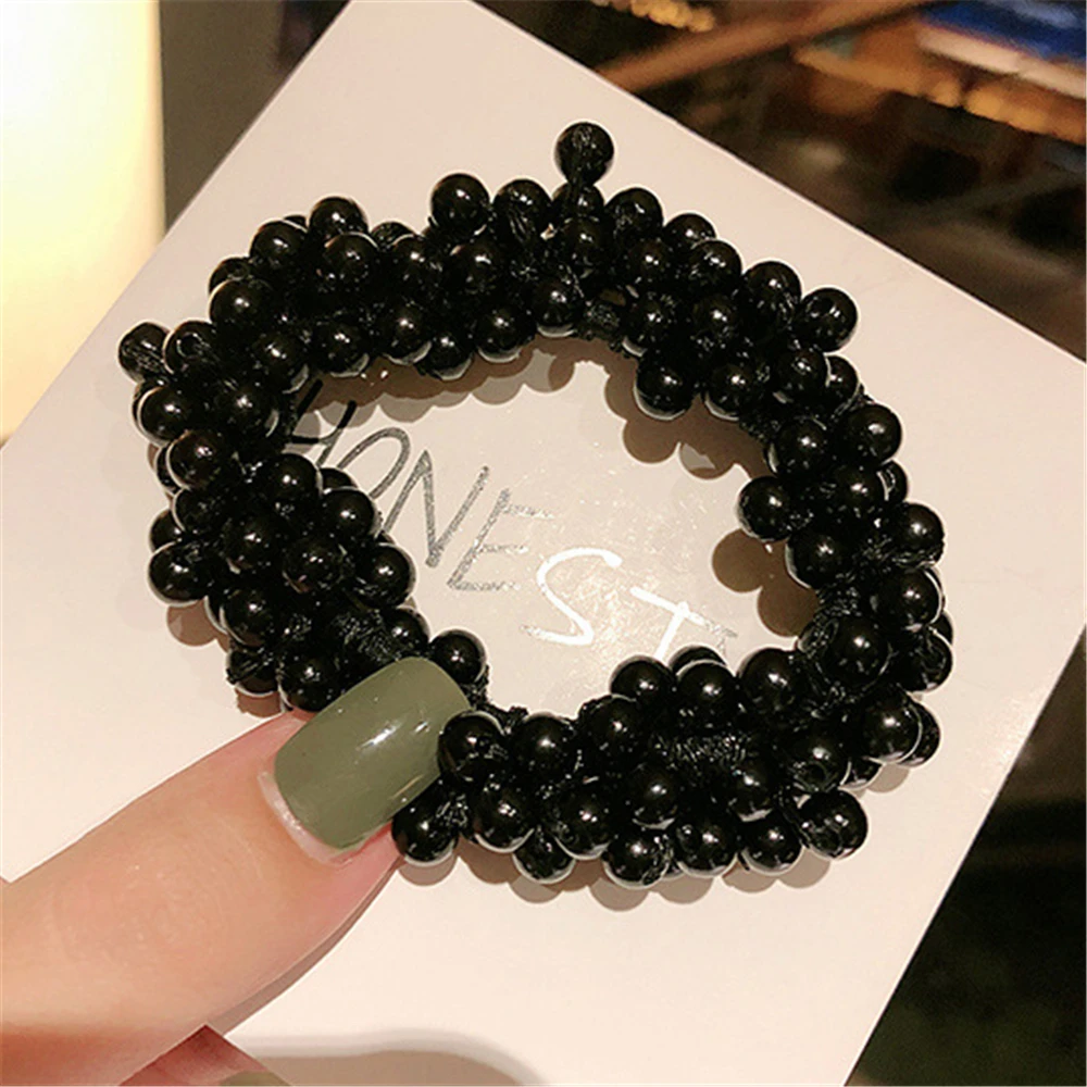 black Корейские элегантные резинки для волос для женщин, модные искусственные жемчужные бусины, резинка для волос, резинки, резинки, конский хвост, аксессуары для волос - Цвет: black