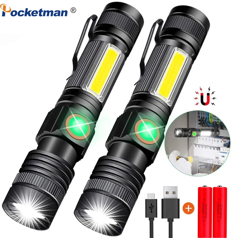 Torche LED magnétique lumineux superbe de lampe-torche Rechargeable dusb de 12000LM avec lépi Sidelight un agrafe de poche Zoomable pour camper