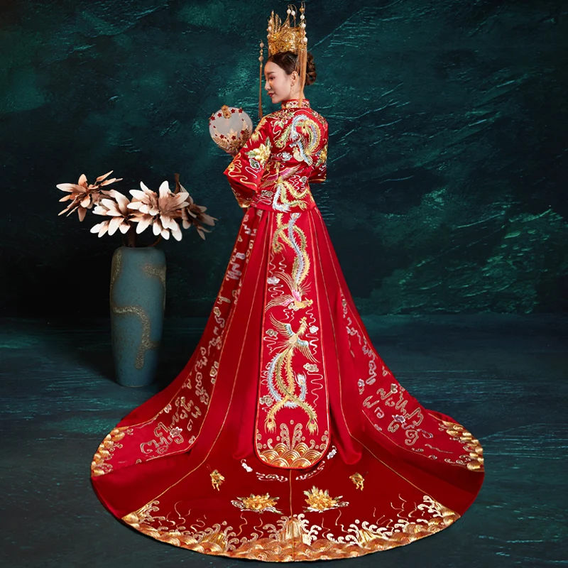Для женщин Винтаж Длина пола Cheongsam вышивка Китайская традиционная невеста свадебное платье Дракон Феникс ханфу одежда