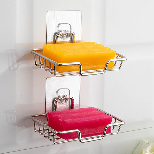 High Quality Soap Rack Wall Mounted Soap Holder Stainless Steel Soap Sponge Dish Bathroom Accessories Soap Dishes Self Adhesive 6